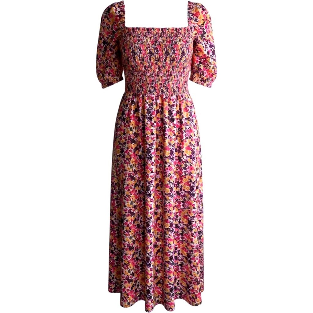 ClearFlower‎ Floral Smocked Midi Dress XL Puff Sleeve Square Neck Boho Colorful